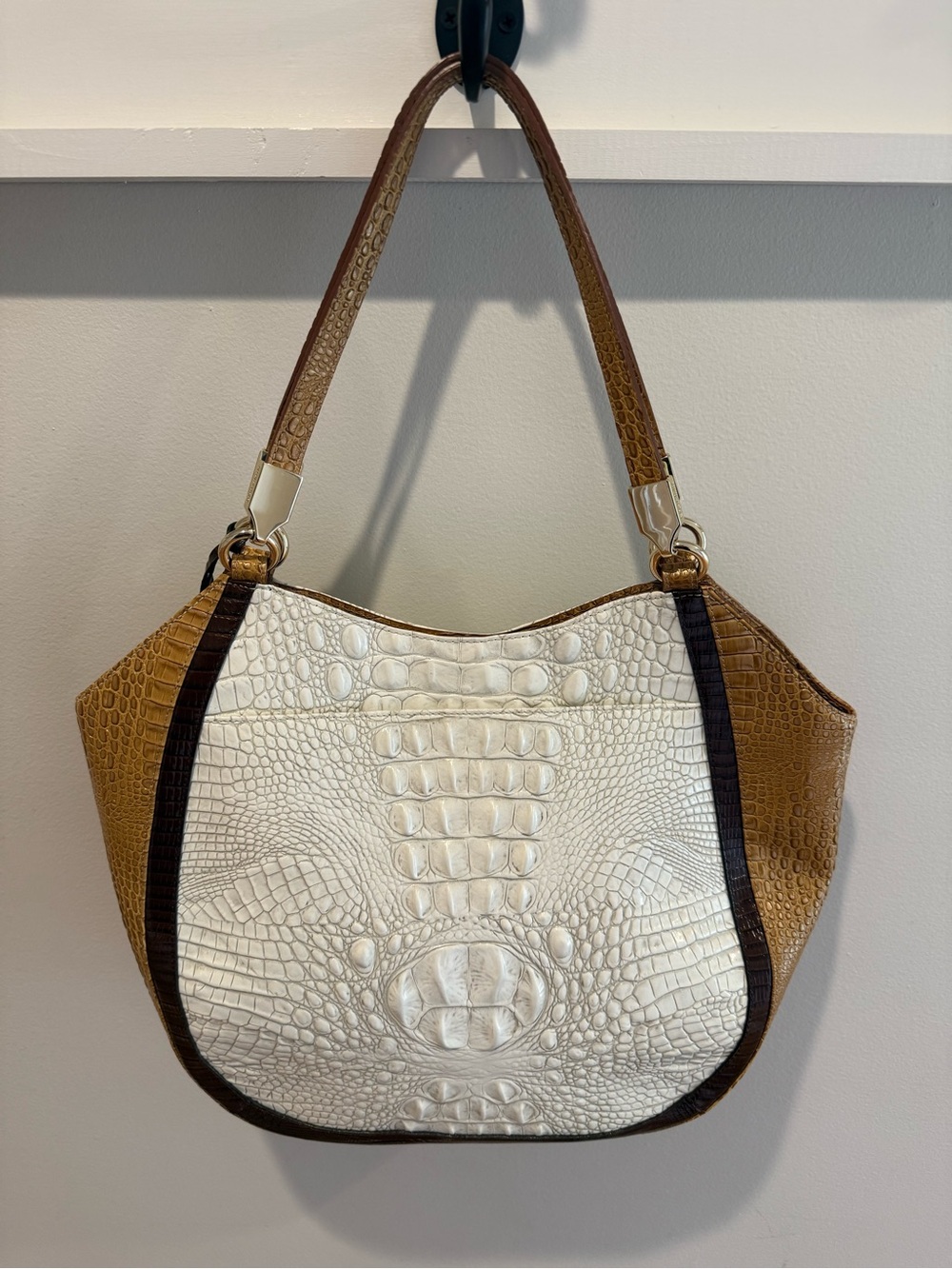 Brahmin Two-Tone Croc-Embossed Shoulder Bag in White & Brown